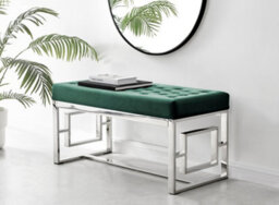 Furniturebox Cambridge Modern Green Buttoned Velvet And Elegant Silver Chrome Metal Bench
