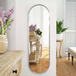 Deenz Pill-Shaped Elongated Sleek Oval Hanging Mirror Silhouette Contemporary Silver Finish Metal Framed Home Decor  101X31X2.5 Cm