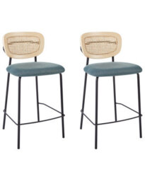 Wyld and Coco Signature Home Bar Chairs Set Of 2 Teal Polyester Upholstery With Natural Rattan Viennese Braid Backrests - thumbnail 3