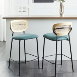 Wyld and Coco Signature Home Bar Chairs Set Of 2 Teal Polyester Upholstery With Natural Rattan Viennese Braid Backrests - thumbnail 2