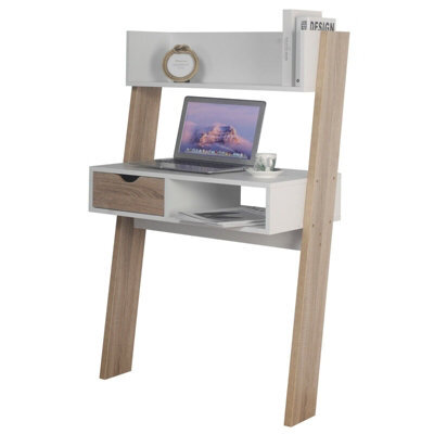 Urbn-Living Urbnliving Height 120Cm Ladder Desk 1 Drawer Shelf Wooden Colour White & Oak Bedroom Computer Table Work Office - image 1