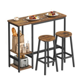 LEDREM Bar Table Set With 2 Stools, 3-Piece Kitchen Table Set With Storage Shelves, For Living Room, Kitchen, Steel Frame, Easy Assembly - thumbnail 2