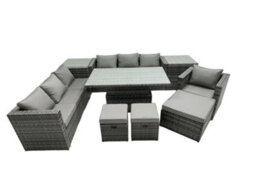Fimous Pe Rattan Garden Furniture Set Lounge Sofa Rising Dining Table Set With 2 Side Tables 3 Footstool Dark Grey Mixed - thumbnail 2