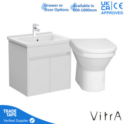 Vitra 600mm Wall Hung Bathroom Vanity Unit With 2 Doors Includes Basin, Chrome Tap And Back To Wall Toilet - White Gloss - image 1