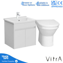 Vitra 600mm Wall Hung Bathroom Vanity Unit With 2 Doors Includes Basin, Chrome Tap And Back To Wall Toilet - White Gloss - thumbnail 1