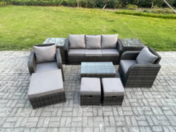 Fimous Rattan Garden Furniture Set Patio Outdoor Lounge Sofa Set With Rectangular Coffee Table 3 Footstools - thumbnail 1