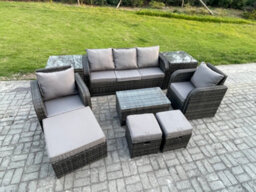 Fimous Rattan Garden Furniture Set Patio Outdoor Lounge Sofa Set With Rectangular Coffee Table 3 Footstools - thumbnail 2