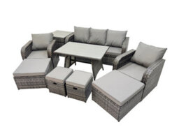 Fimous Garden Rattan Outdoor Furniture Set 9 Seater With 3 Seater Sofa Side Table 2 Big Stool 2 Small Stools Dark Grey - thumbnail 1