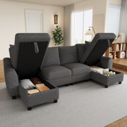 Merax U Shaped Sectional Sofa With 2 Storage Chaise Lounges, 4 Seater, Chenille Comfy Corner Couch, Grey - thumbnail 4