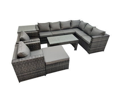 Fimous Outdoor Rattan Oblong Coffee Table Corner Sofa Sets Garden Furniture Set With 2 Chairs Big Stool Side Table Dark Grey Mixed - image 1