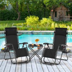Yaheetech Black 3Pcs Outdoor Zero Gravity Chairs With Table Sun Reclining Loungers Adjustable  Folding Chairs Drink Holder