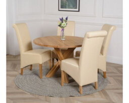 That's Furniture Oregon Round Oak Dining Table And 4 Chairs Dining Set With Montana Ivory Leather Chairs - thumbnail 3