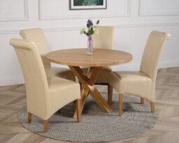 That's Furniture Oregon Round Oak Dining Table And 4 Chairs Dining Set With Montana Ivory Leather Chairs - thumbnail 2
