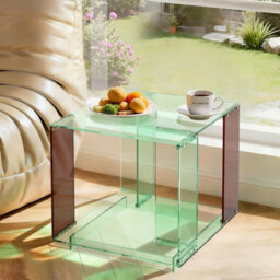 Fativo 45Cmw Green Acrylic Square 2-Tier Acrylic Side Table With Shelf For Record Player Nightstand & Small Spaces.