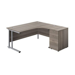 Office Hippo Heavy Duty Right Corner Radial Desk With 3 Drawer High Storage, Home Pc Filing, 5 Yr Wty, Mfc- Grey Oak, Silver Frame