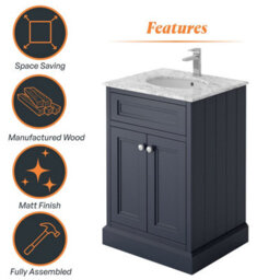 Plum&clay Fairmont Traditional Blue Grey Square Floor Standing Bathroom Vanity Unit With Ceramic Basin & Marble Top (W)600mm - thumbnail 7