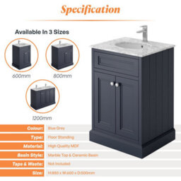 Plum&clay Fairmont Traditional Blue Grey Square Floor Standing Bathroom Vanity Unit With Ceramic Basin & Marble Top (W)600mm - thumbnail 6
