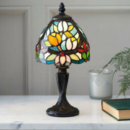 Tiffany Glass Table Lamp Light Vintage Dark Bronze & Multi Colour Shade I00230 - thumbnail 3
