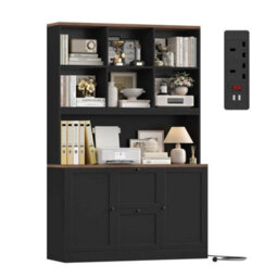 Black Tall Bookcase With Power Outlets Filing Cabinet With Drawers For A4/letter Files - thumbnail 1