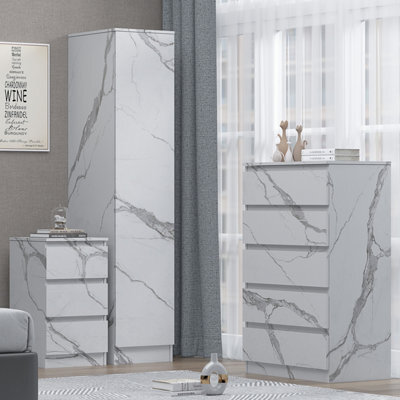 Zita White Marble Effect 3 Piece Bedroom Set - 1-Door Wardrobe, Chest & Bedside Table, Stylish Modern Storage Furniture - image 1