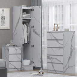 Zita White Marble Effect 3 Piece Bedroom Set - 1-Door Wardrobe, Chest & Bedside Table, Stylish Modern Storage Furniture - thumbnail 2