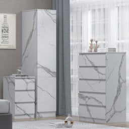 Zita White Marble Effect 3 Piece Bedroom Set - 1-Door Wardrobe, Chest & Bedside Table, Stylish Modern Storage Furniture - thumbnail 1