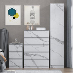 Zita White Marble Effect 3 Piece Bedroom Set - 1-Door Wardrobe, Chest & Bedside Table, Stylish Modern Storage Furniture - thumbnail 3
