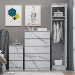 Zita White Marble Effect 3 Piece Bedroom Set - 1-Door Wardrobe, Chest & Bedside Table, Stylish Modern Storage Furniture - thumbnail 4