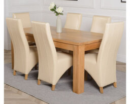 That's Furniture Dakota 182 X 92 Cm Chunky Oak Large Dining Table And 6 Chairs Dining Set With Lola Ivory Leather Chairs