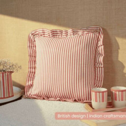 Anna Michelle Designs Striped Cotton Cushion Cover With Frill Rose Pink With Pad