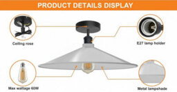 E27 Vintage White Semi Flush Mount Ceiling Light With 40Cm Flat Shade Easy Fit Metal Ceiling Lighting Fixtures For Kitchen - thumbnail 8