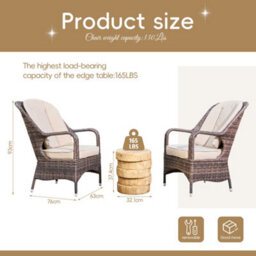 Abrihome 3-Piece Outdoor Garden Bistro Set, Brown Rattan Chairs With A Natural Concrete Side Table - thumbnail 3