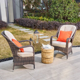 Abrihome 3-Piece Outdoor Garden Bistro Set, Brown Rattan Chairs With A Natural Concrete Side Table - thumbnail 7