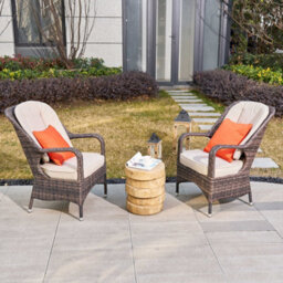 Abrihome 3-Piece Outdoor Garden Bistro Set, Brown Rattan Chairs With A Natural Concrete Side Table - thumbnail 2