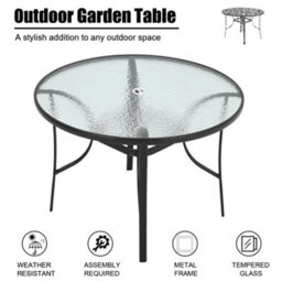 Breeins 105Cm Dia Round Outdoor Garden Coffee Table With Rippled Tempered Glass Top And Parasol Hole, Black - thumbnail 7