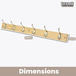 Keypak Coat Rack Wall Mounted Polished Chrome 6 Double Hooks - Solid Pine Rack 69Cm Clothes Hanger For Hallway, Bedroom, Bathroom - thumbnail 3