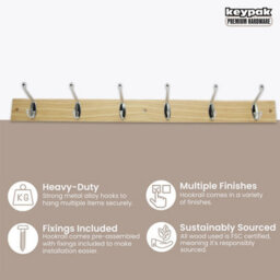 Keypak Coat Rack Wall Mounted Polished Chrome 6 Double Hooks - Solid Pine Rack 69Cm Clothes Hanger For Hallway, Bedroom, Bathroom - thumbnail 2