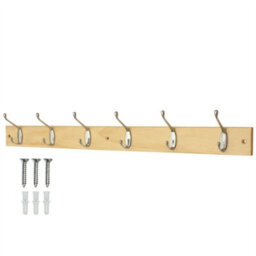 Keypak Coat Rack Wall Mounted Polished Chrome 6 Double Hooks - Solid Pine Rack 69Cm Clothes Hanger For Hallway, Bedroom, Bathroom