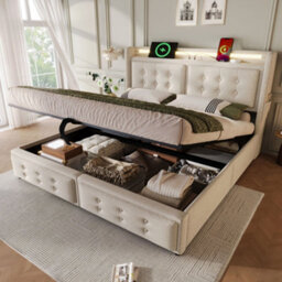 Merax 5Ft King Bed 150X200 Cm, Linen Upholstered Bed With Led Lights, Usb & Type-C, Headboard, Hydraulic Storage, Beige - thumbnail 1