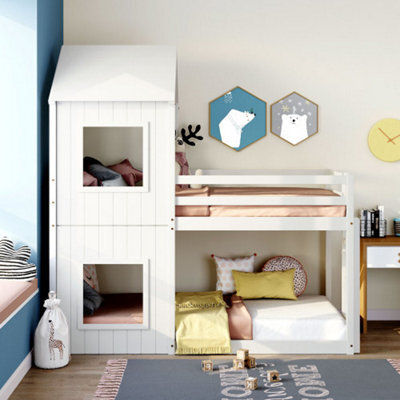 3Ft Treehouse Bunk Bed 90X190Cm, Single Bed,cabin Bed Frame, Mid-Sleeper With Treehouse Canopy & Ladder (White) - image 1