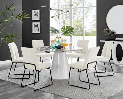 Furniturebox Uk Palma White Marble Effect Round Dining Table & 6 Cream Halle Black Leg Chairs - image 1