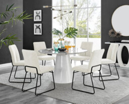 Furniturebox Uk Palma White Marble Effect Round Dining Table & 6 Cream Halle Black Leg Chairs