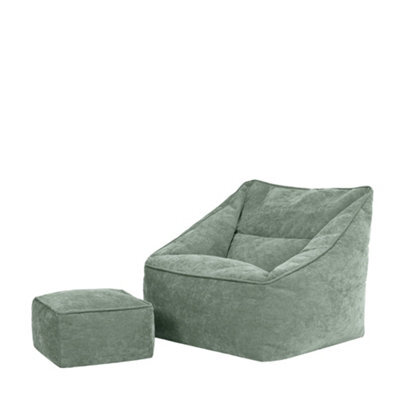icon Natalia Chenille Adults Bean Bag Armchair And Pouffe, Ready Filled Large Beanbag And Footstool Sage Green - image 1