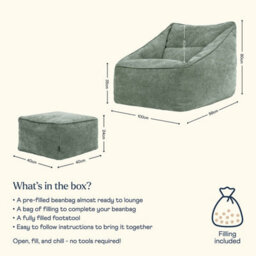 icon Natalia Chenille Adults Bean Bag Armchair And Pouffe, Ready Filled Large Beanbag And Footstool Sage Green - thumbnail 7