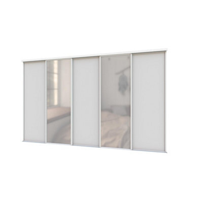 A-Class Sliding Doors Set Of 5 Light Grey & Mirror Sliding Wardrobe Door Kit, White Frame & Tracks, Opening Height (H) 225-226Cm & Width (W) 295-296Cm - image 1