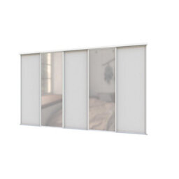 A-Class Sliding Doors Set Of 5 Light Grey & Mirror Sliding Wardrobe Door Kit, White Frame & Tracks, Opening Height (H) 225-226Cm & Width (W) 295-296Cm - thumbnail 1