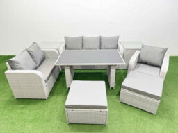 Fimous Rattan Outdoor Table Reclining Chair Sofa Set With 2 Side Tables 2 Big Stools Light Grey 8 Seater - thumbnail 1