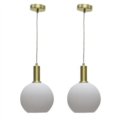 First Choice Lighting Set Of 2 Betchley - White Ribbed Glass Globe Satin Brass Deco Pendants - image 1