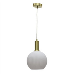 First Choice Lighting Set Of 2 Betchley - White Ribbed Glass Globe Satin Brass Deco Pendants - thumbnail 2