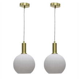 First Choice Lighting Set Of 2 Betchley - White Ribbed Glass Globe Satin Brass Deco Pendants - thumbnail 1